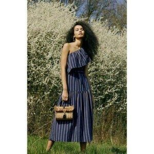 TOPSHOP Sicily One Shoulder Ruffle Navy Blue Striped Belted Midi Peasant Dress 6